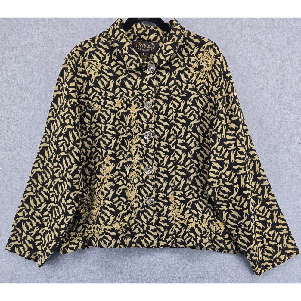 Vtg ALEX‎ KIM Embroidered Jacket Womens 1X Black Gold Animal Print Floral Bling